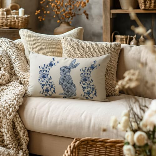 Blue Bunny Decorative Pillow Cover 12x20 Inch - Easter Chinoiserie