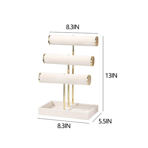 Pangkeep 3 Tier Bracelet Necklace Holder,Jewelry Displays for Vendors,T Bar Velvet Jewelry Stand with Tray,Jewerly Organizer for Bangles Necklace Scrunchie Watches Rings (Beige)