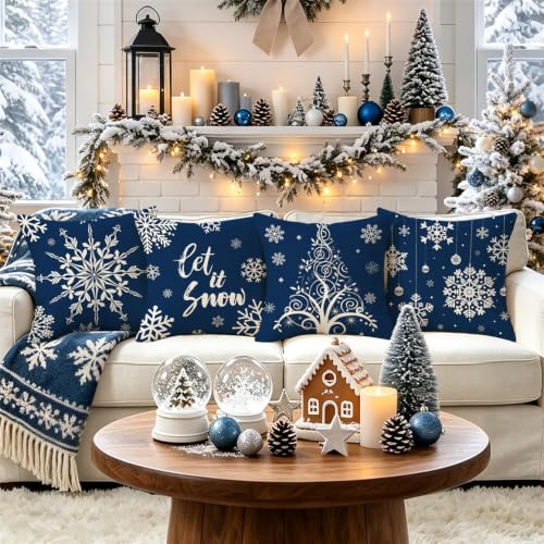 Blue Snowflake Pillow Covers Set of 4 20x20 Inches Christmas Home Decor