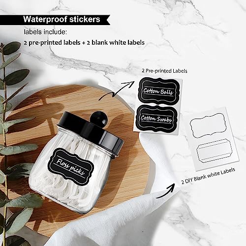 SheeChung Acrylic Mason Jar Qtip Holder Set - 2 Pack Black Apothecary Jars for Bathroom Storage