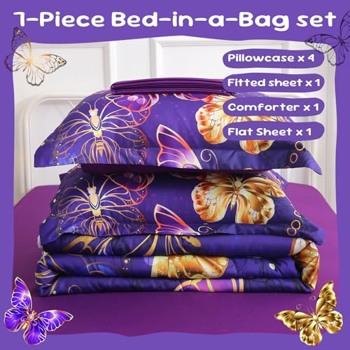 Violet Butterfly Queen Comforter Set for Kids Girls - 7 Pieces Bedding