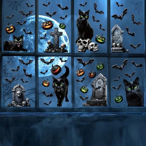 DERAYEE 8 Sheet Halloween Window Clings - Black Cat & Bats