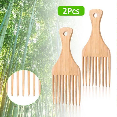 Wanmu 2-Pack Wooden Afro Hair Pick Combs - Anti-Static Bamboo Wide Tooth Styling Tool for Curly Hair & Beards