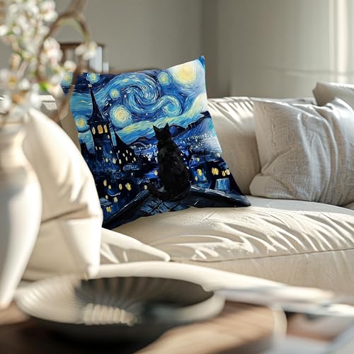 BILLAION Black Cat Throw Pillow Cover 18x18 - Star Sky Night & Mystical Design