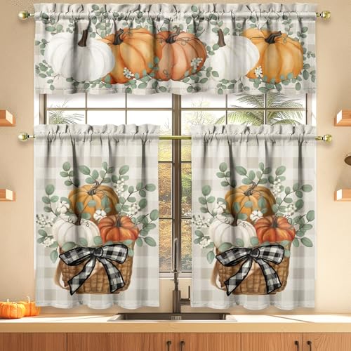 Pumpkin Eucalyptus Farmhouse Kitchen Curtain Set 3-Piece 53"W x 54"L Orange