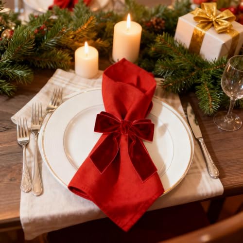 Red Velvet Christmas Napkin Rings Set of 6 - Holiday Dinner Table Decor