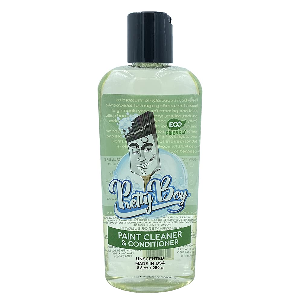 Pretty Boy Paint Cleaner & Conditioner – Eco-Friendly Solution for Cleaning & Conditioning Paint Brushes, Rollers, and Tools – Removes Water-Based Paints, Stains, Primers, and More (8.8 oz Bottle)
