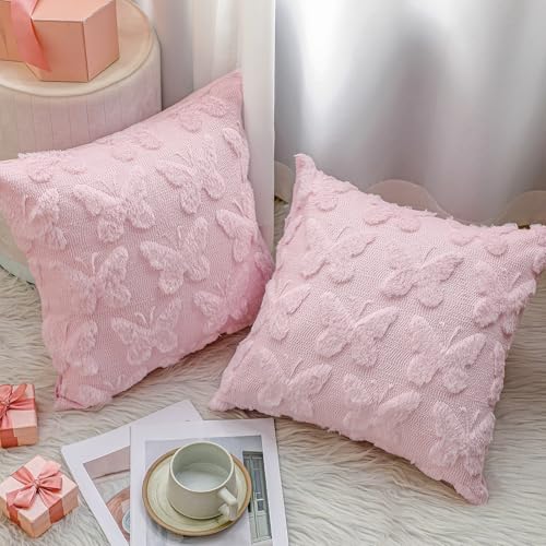 Pink Butterfly Pillow Covers Set of 2 18x18 Inch Faux Fur Decorative Throw Pillows
