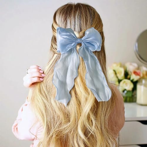 AEGYPIUS Large Light Blue Hair Bow with Long Tail Satin Ribbon Clip