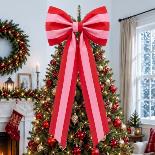 Large Red Pink Stripe Christmas Tree Topper Bow - 35x17 Inch Holiday Decor (Variation: Red Pink / Stripe)