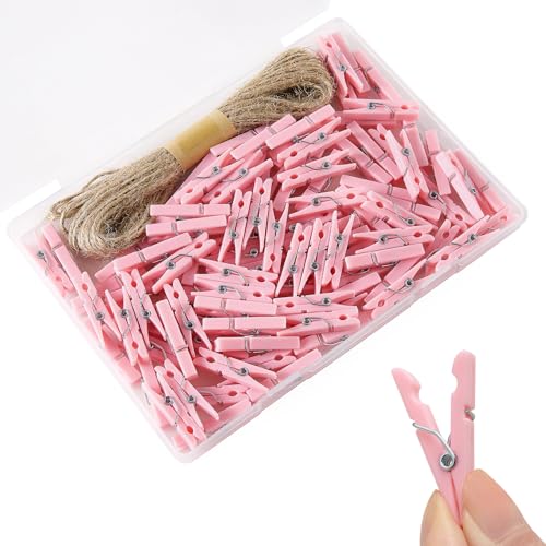 100 Pcs Pink Mini Clothespins with Jute Twine for Baby Shower