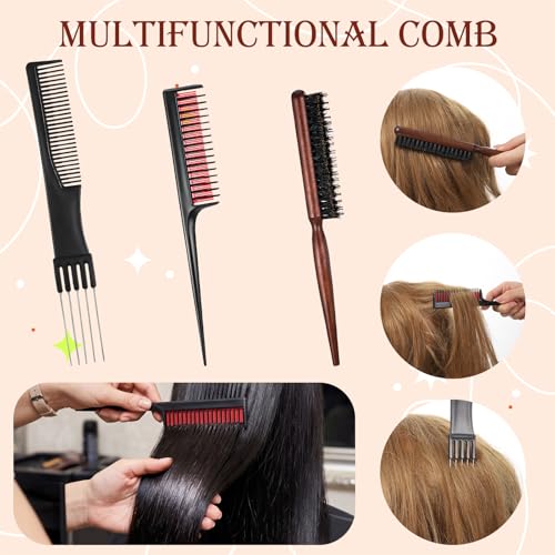 Macuezu 3-Piece Hair Teasing Comb Set with Rat Tail and Wooden Handles