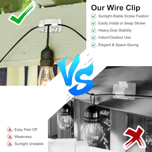 FALDAA 50Pcs Outdoor Light Clips, Heavy Duty Waterproof Double-Hook Hangers with Adhesive Strips and Screws for Patio String Lights