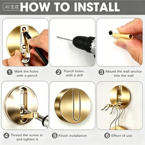 Foldable Heavy Duty Metal Wall Hooks - 2PCS Brushed Gold Towel Hooks