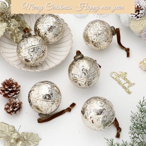 Champagne Gold Mercury Glass Christmas Ornaments - Etched, 6 Pack