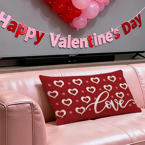 Valentine's Day Decorative Throw Pillow Cover 12x20 | Cotton Linen Love Heart Design