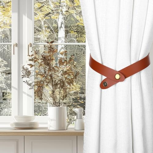 PU Leather Curtain Tie Backs - Adjustable No Drill Holdbacks (Brown)