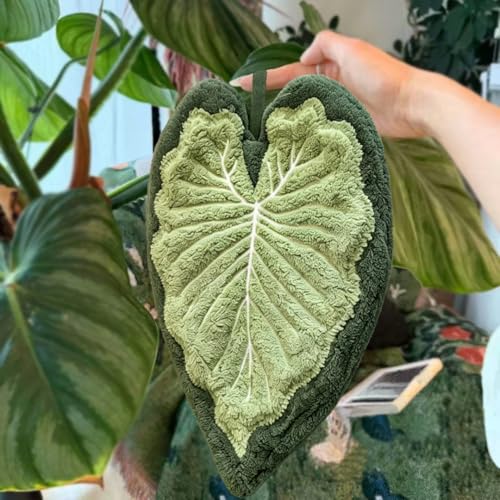 2 Green Leaf-Shaped Hand Towels with Hanging Loop - Kitchen & Bathroom Decor