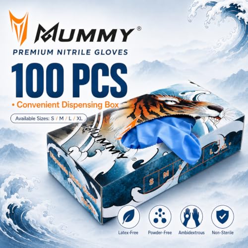 Mummy Blue Textured Nitrile Gloves 4 Mil S-100 Disposable Powder-Free for Tattoo, Beauty, Home, Gardening