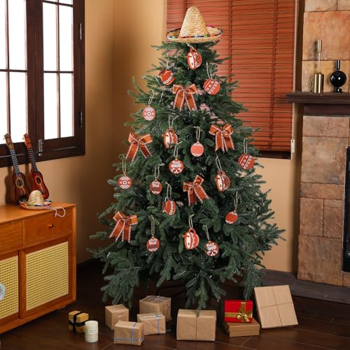 Mexican Christmas Ornaments Set - 12 Pre-Tied Barro Ribbon Bows for Holiday Decor