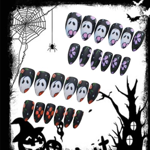 Halloween Press on Nails Short Almond Ghost Fake Acrylic Nails