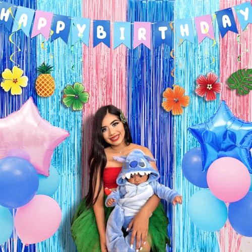 Cartoon Birthday Party Fringe Curtains - Blue & Pink Tinsel Backdrop, 2 Pack