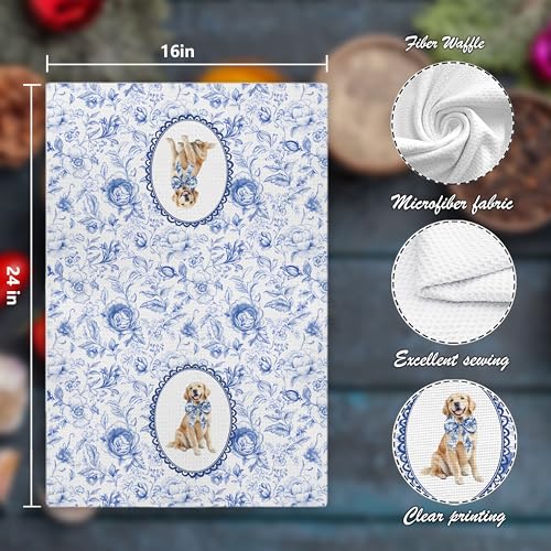 Golden Retriever Decorative Dish Towel Blue White Floral 16x24