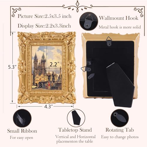 Antique Gold Picture Frame 2.5x3.5 - Vintage Ornate Design for Tabletop & Wall Display