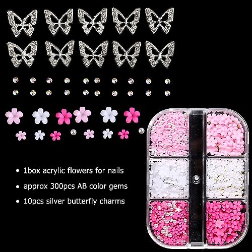 3D Nail Art Charms Kit with Acrylic Flowers, Metal Butterflies and Gems