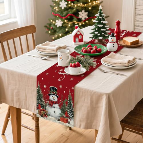Artscope Snowman Merry Christmas Table Runner 13x60 Inch - Red Variation