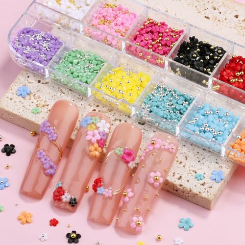3D Acrylic Flower Nail Art Charms with Rhinestones Pearls and Caviar Beads