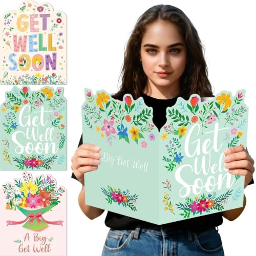 Jumbo Get Well Soon Cards - 3 Floral Designs with Envelopes
