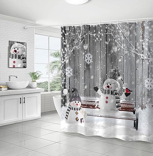 Grey Snowman Christmas Shower Curtain 72x72 Inches - Holiday Bathroom Decor