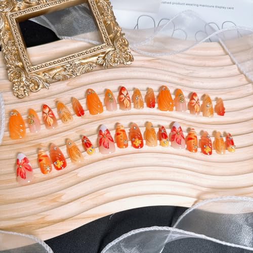 Fall Press on Nails Medium Almond White French Tip Fake Nails with Charms