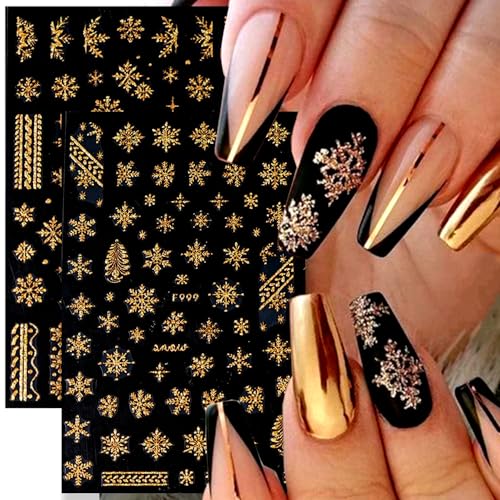 Snowflake Nail Art Stickers, Winter Decals 3D Self-Adhesive Gold
