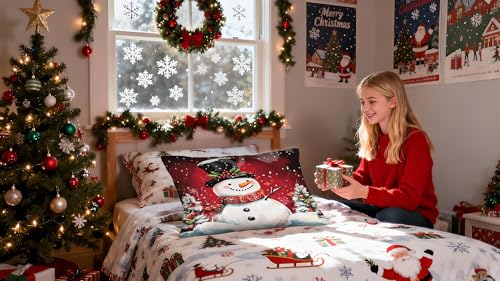 Christmas Satin Pillowcase Queen Size Red Snowman Silk Pillow Cover with Zipper