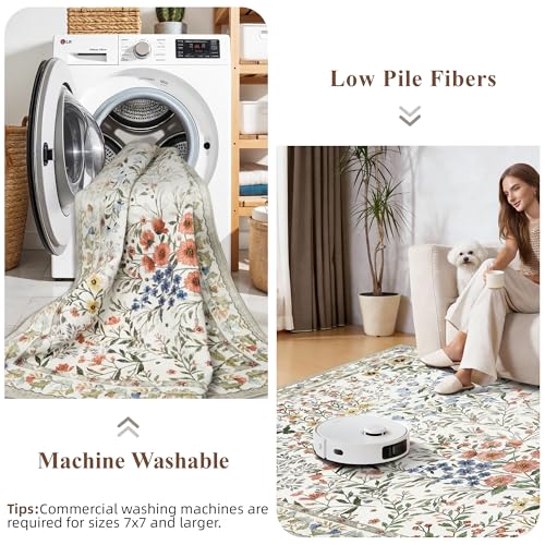Beige Vintage Floral 2x3 Washable Area Rug - Non-Slip Soft Carpet