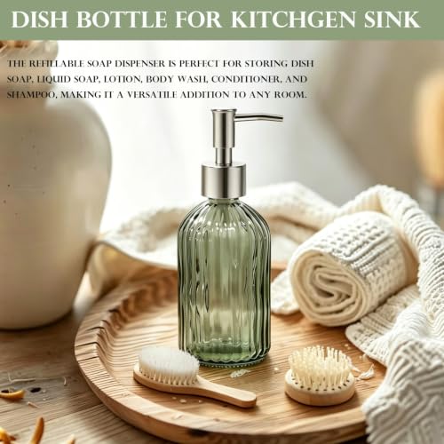 Green Striped Glass Soap Dispenser, 12oz Refillable Bottle with Silver Pump