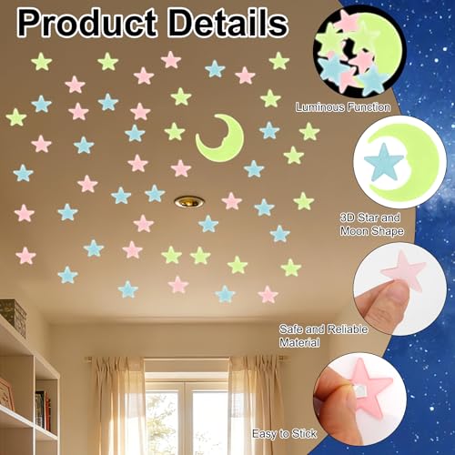 200 Pcs Glow in the Dark Stars & 2 Moons Wall Stickers for Kids' Rooms