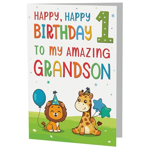 Cute Jungle Animal 1st Birthday Card for Grandson - A5 Premium