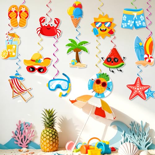 Summer Party Decorations Set with Banner, Garlands, Swirls & Paper Fans