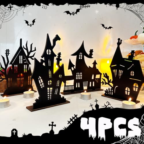 Halloween Haunted House Table Decorations - 4 Wooden Signs