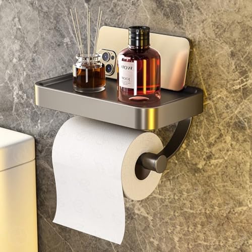 Grey Wall Mount Toilet Paper Holder with Shelf - Rustproof Stainless Steel Bathroom Dispenser