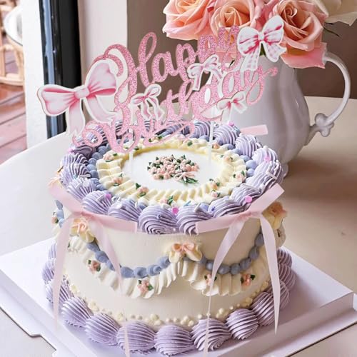 Vintage Satin Ribbon Bow Cake Toppers Set with Happy Birthday Sign