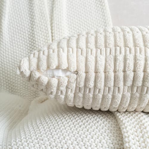 Cream White Corduroy Lumbar Pillow Covers 12x20 - Set of 2
