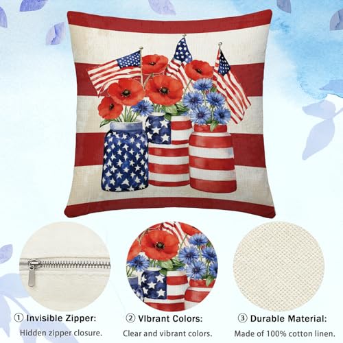 4th of July Patriotic Pillow Covers - 18x18 Inch Set of 4