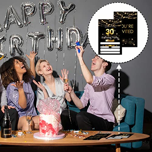 30th Birthday Party Invitations with Envelopes Black Gold 20 Pack