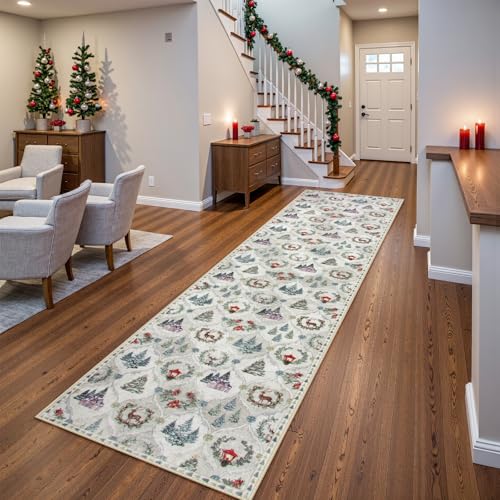 Lahome Christmas Runner Rug 2x8 White/Multi Washable Hallway Rug
