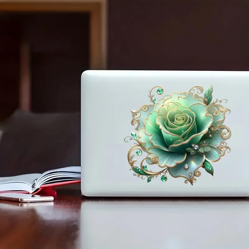 Waterproof Green Rose Floral PVC Car Decals for Laptops & More