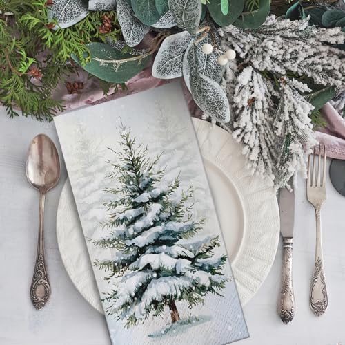 Snowy Pine Tree Disposable Paper Napkins - 100 Pack Winter Themed Decor